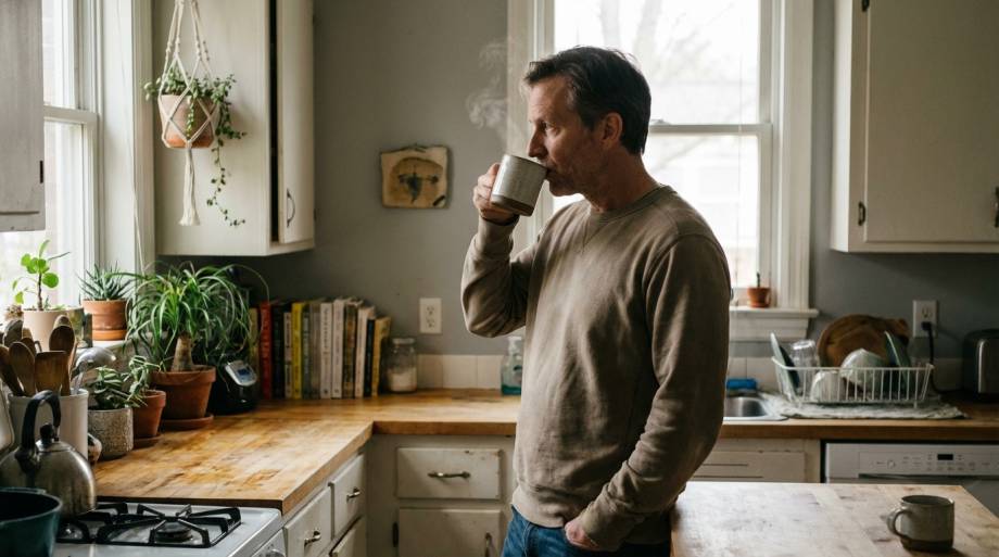 Spokojny mężczyzna pijący kawę przy oknie