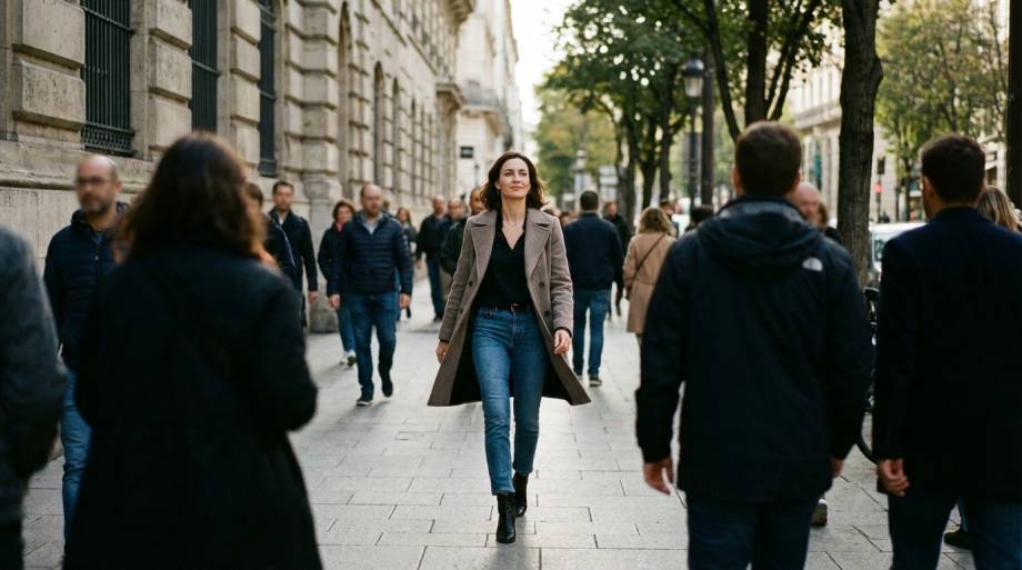 Pewna siebie kobieta idaca zdecydowanym krokiem przez miasto