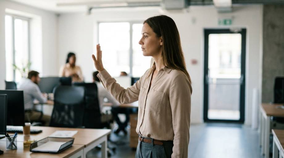 Spokojna kobieta wykonująca asertywny gest zatrzymania trudnej rozmowy