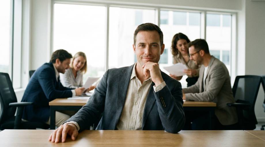 Spokojny pracownik w dynamicznym biurze