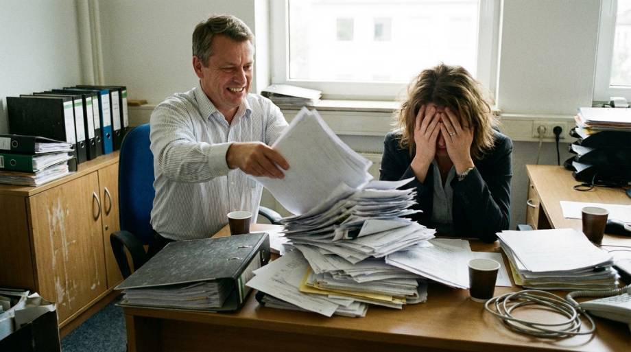 Uśmiechnięty pracownik zostawiający stos dokumentów zmęczonej kobiecie