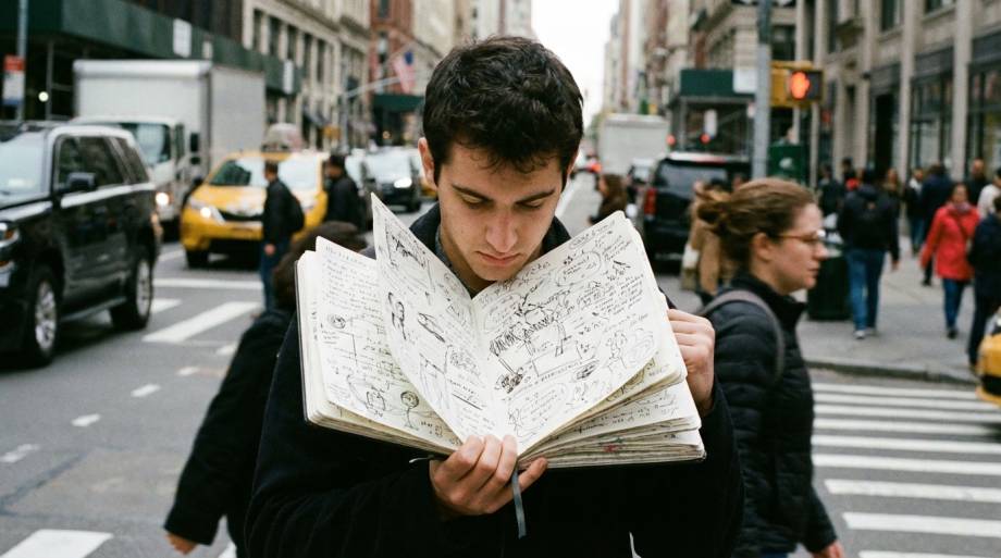 Student przeglądający chaotyczne notatki na tle ulicy