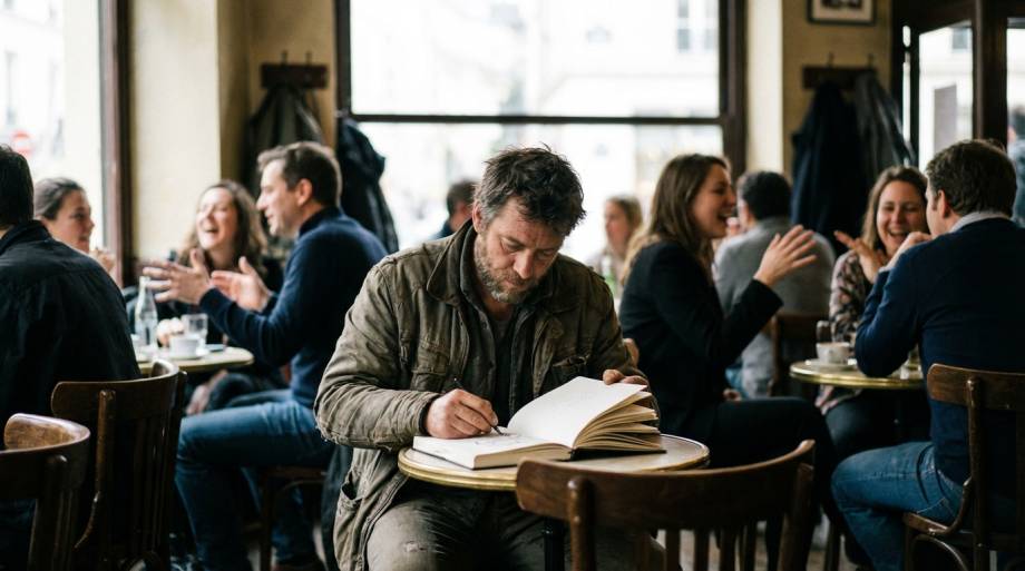 Skupiony mężczyzna z notesem w zatłoczonej kawiarni