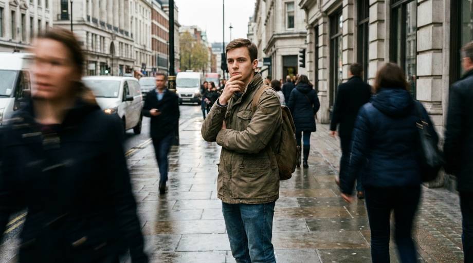 Skupiony mężczyzna stojący pośrodku idącego tłumu ludzi