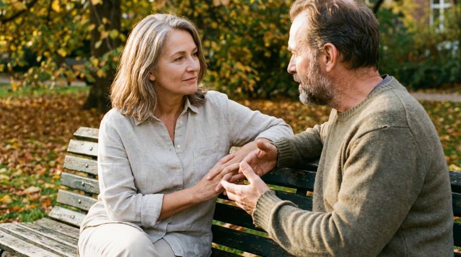 Dwie osoby rozmawiające na parkowej ławce