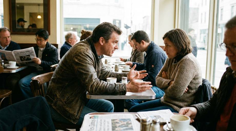 Wycofana osoba sluchajaca dominujacego partnera w kawiarni