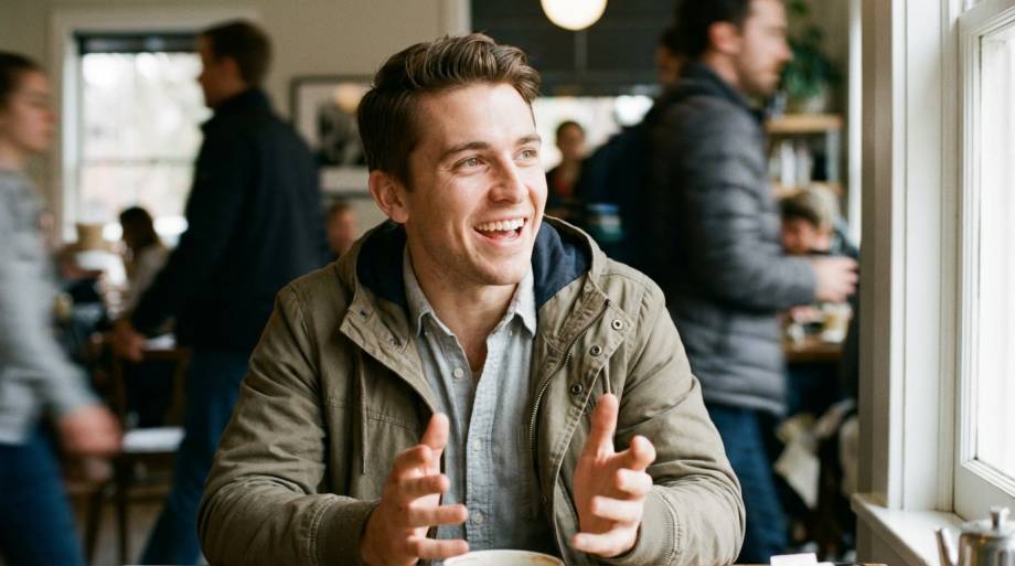 Uśmiechnięty mężczyzna gestykulujący w gwarnej kawiarni