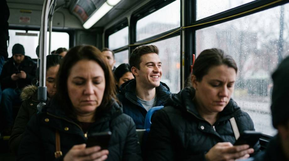 Uśmiechnięty mężczyzna jadący w zatłoczonym autobusie