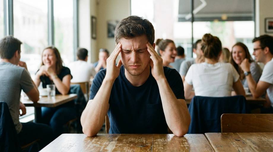 Zmęczony przebodźcowaniem mężczyzna w kawiarni dotyka swoich skroni