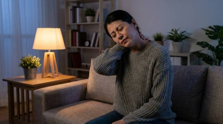 Kobieta z zamkniętymi oczami masująca spięty kark