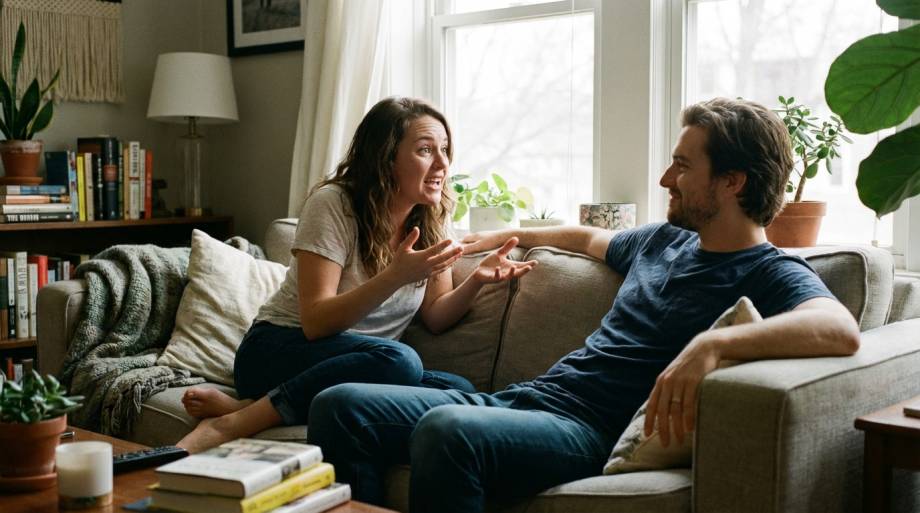 Zaangażowana kobieta rozmawiająca ze spokojnym mężczyzną na kanapie