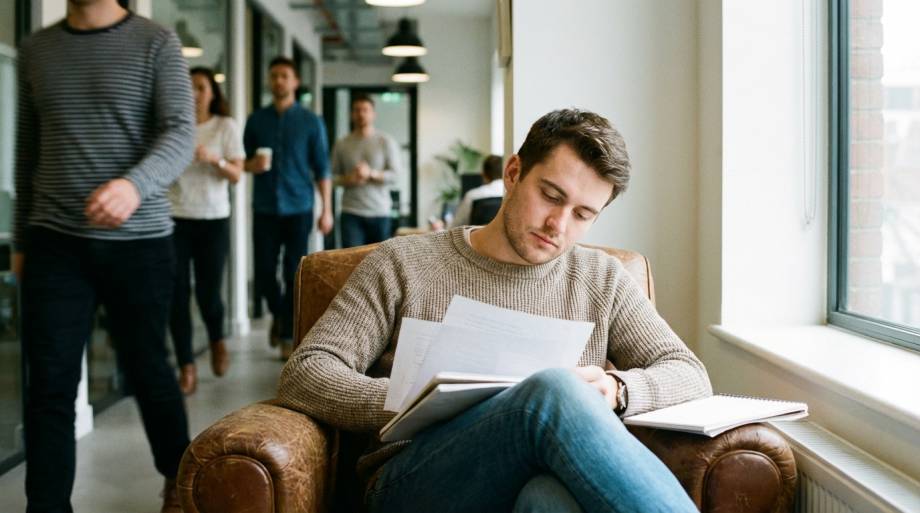 Spokojny mężczyzna pracujący w skupieniu wśród spieszących się ludzi