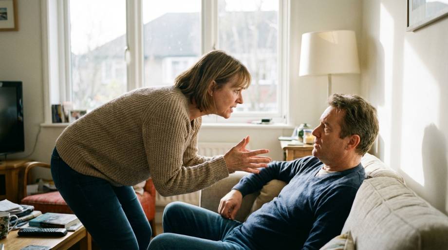 Para w trakcie intensywnej i angażującej rozmowy w salonie