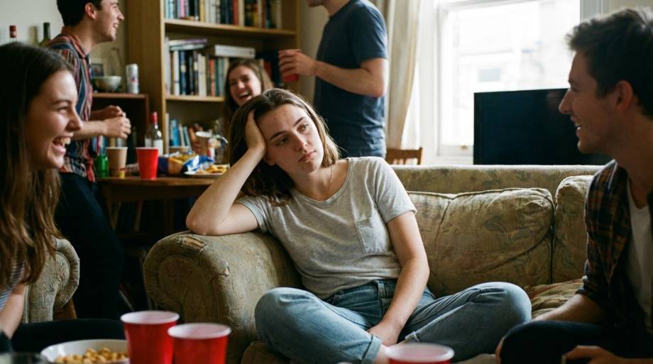 Zamyślona kobieta wśród rozmytych postaci na spotkaniu towarzyskim