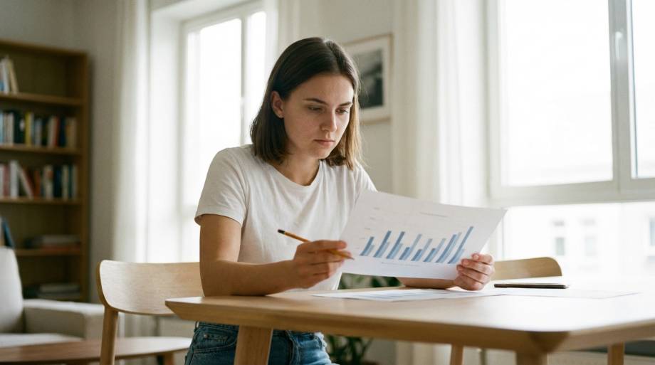 Kobieta w skupieniu analizuje wyniki testu psychologicznego przy biurku