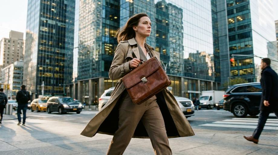 Kobieta idąca energicznie przez nowoczesną dzielnicę miasta