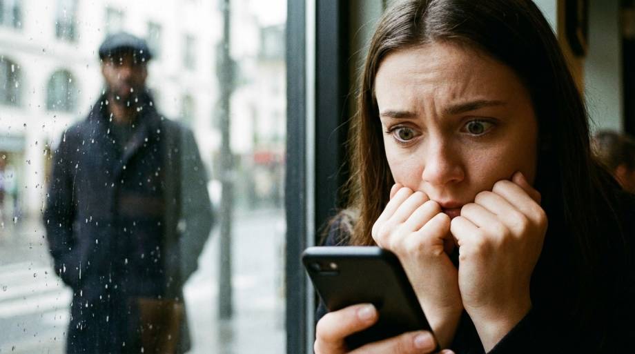 Zaniepokojona kobieta w kawiarni patrząca na telefon