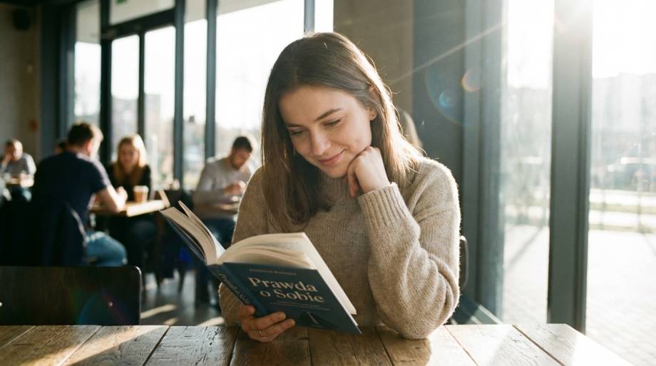 Młoda kobieta skupiona na lekturze w jasnej kawiarni