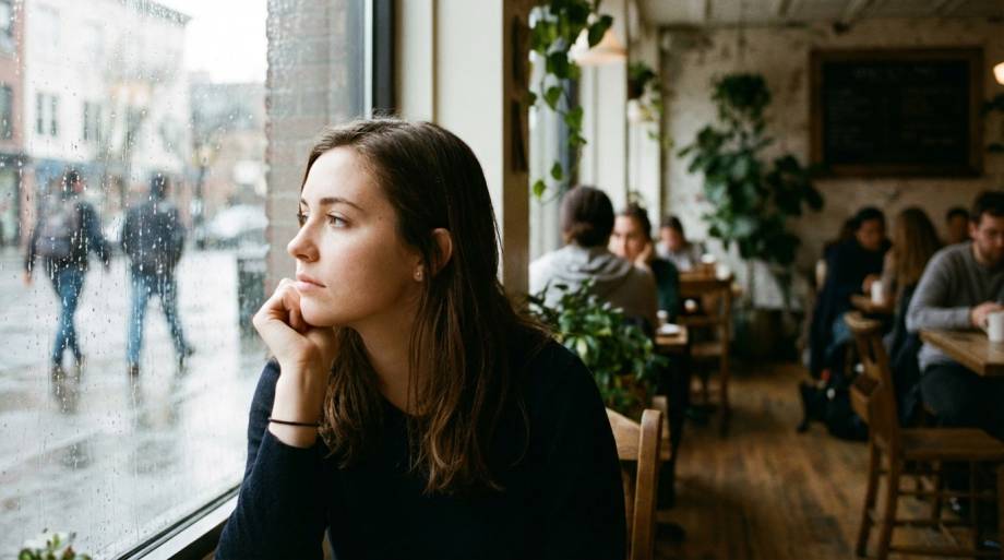 Zamyślona kobieta w kawiarni obserwująca ludzi przez szybę