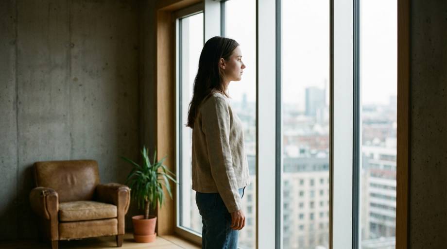 Kobieta patrząca przez okno w geście autorefleksji