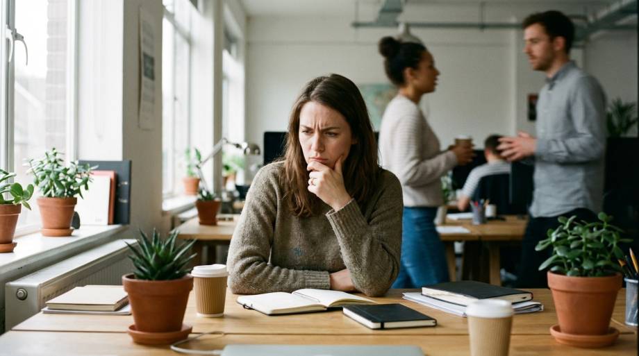 Kobieta w skupieniu pracująca przy biurku w biurze
