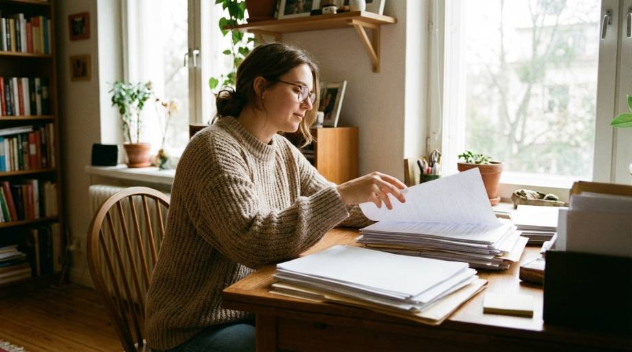 Kobieta spokojnie porządkująca dokumenty na biurku