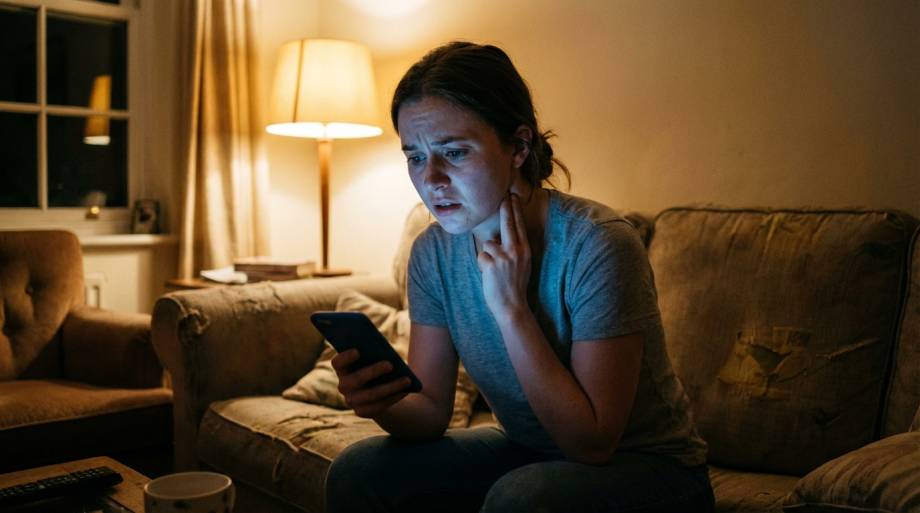 Zaniepokojona kobieta sprawdzająca puls trzymająca smartfon