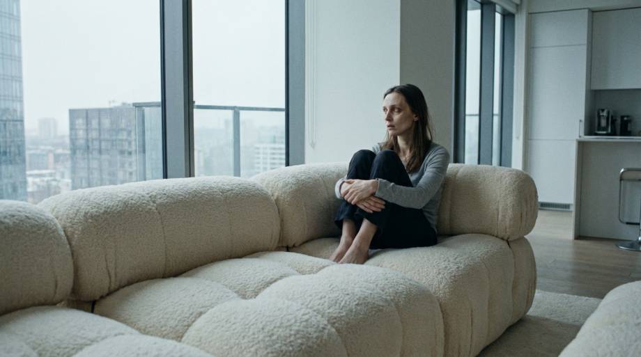 Zaniepokojona kobieta siedząca na luksusowej kanapie w apartamencie