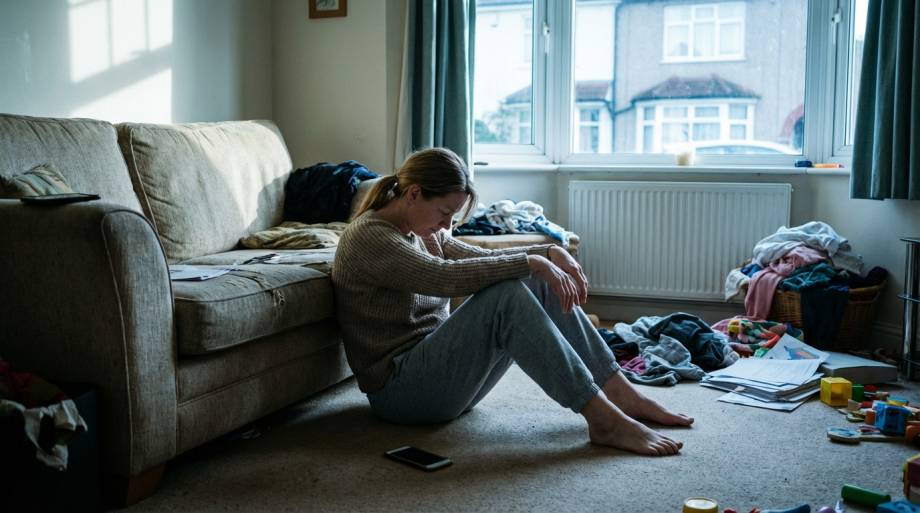 Wyczerpana kobieta siedząca bezsilnie na podłodze w pokoju