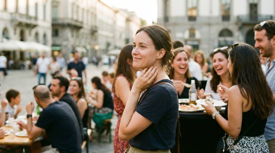 Kobieta podczas spotkania towarzyskiego patrząca w dal
