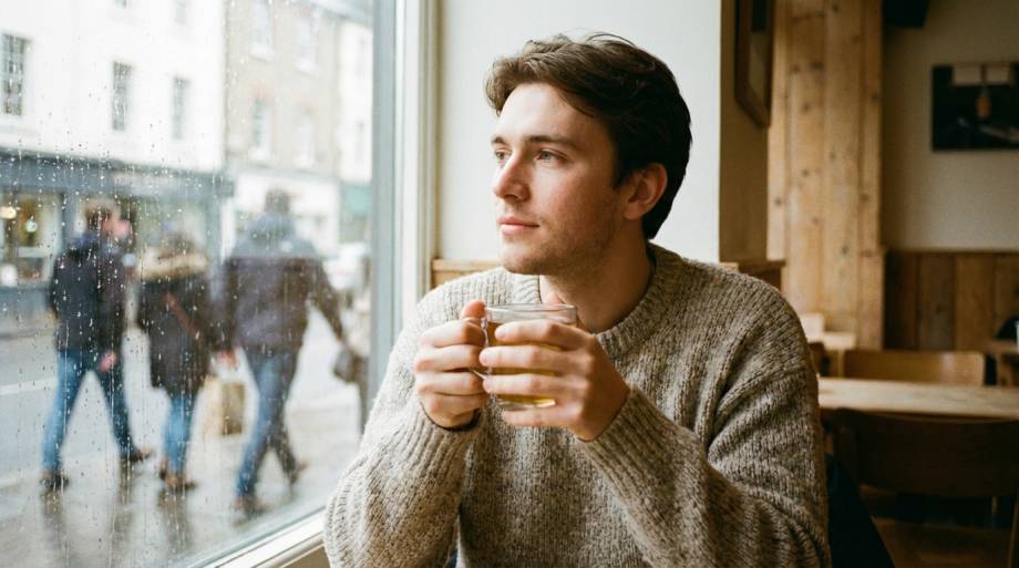 Zamyślony mężczyzna z kubkiem herbaty w jasnej kawiarni