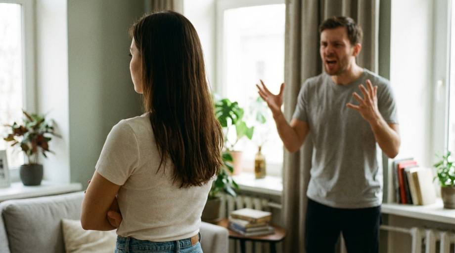 Spokojna kobieta ignorująca gestykulującego z tyłu mężczyznę