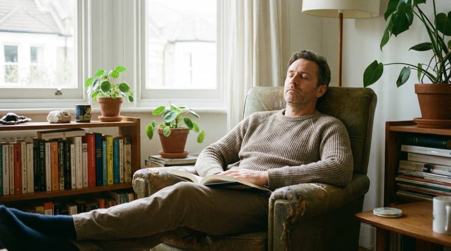 Zrelaksowany mężczyzna odpoczywający samotnie w fotelu z książką