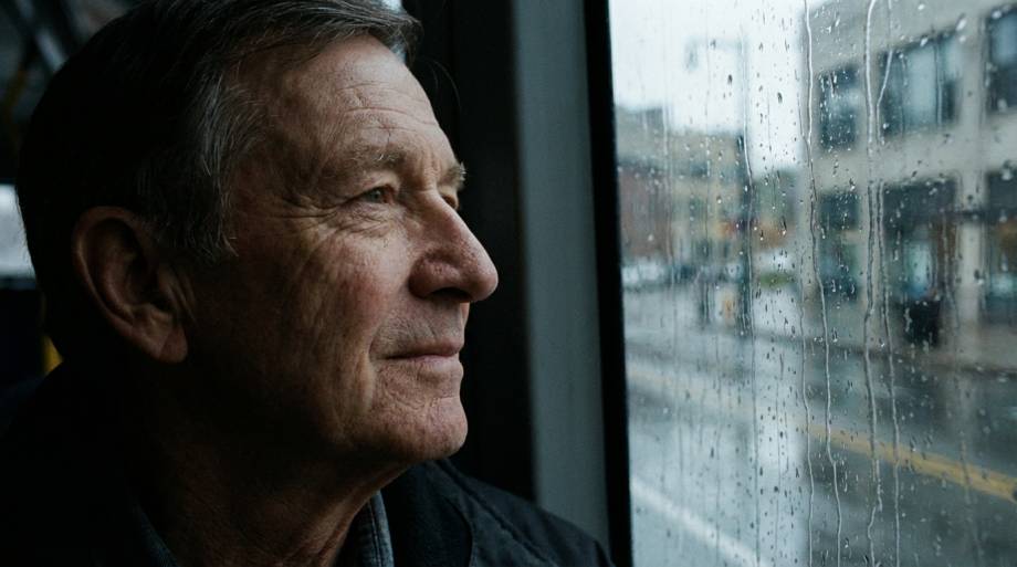 Zamyślony mężczyzna stojący przy oknie podczas deszczu