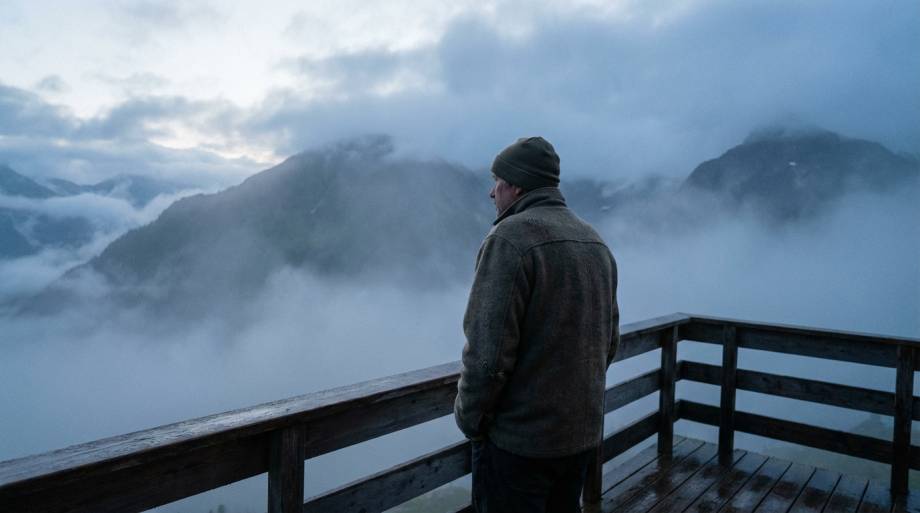 Mężczyzna patrzący na góry w zamyśleniu