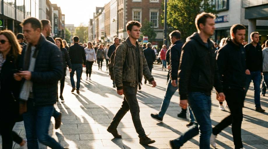 Młody chłopak idący przez zatłoczoną ulicę w słońcu