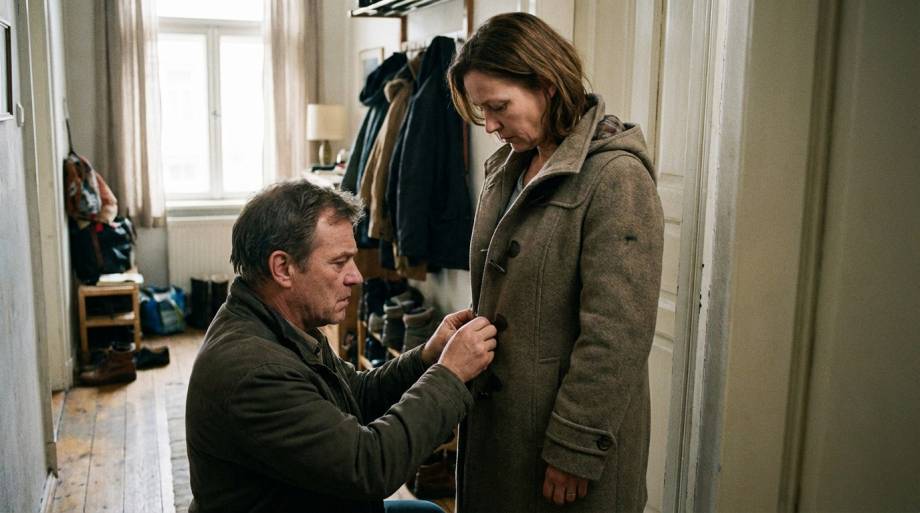 Mężczyzna zapinający płaszcz biernie stojącej dorosłej kobiecie