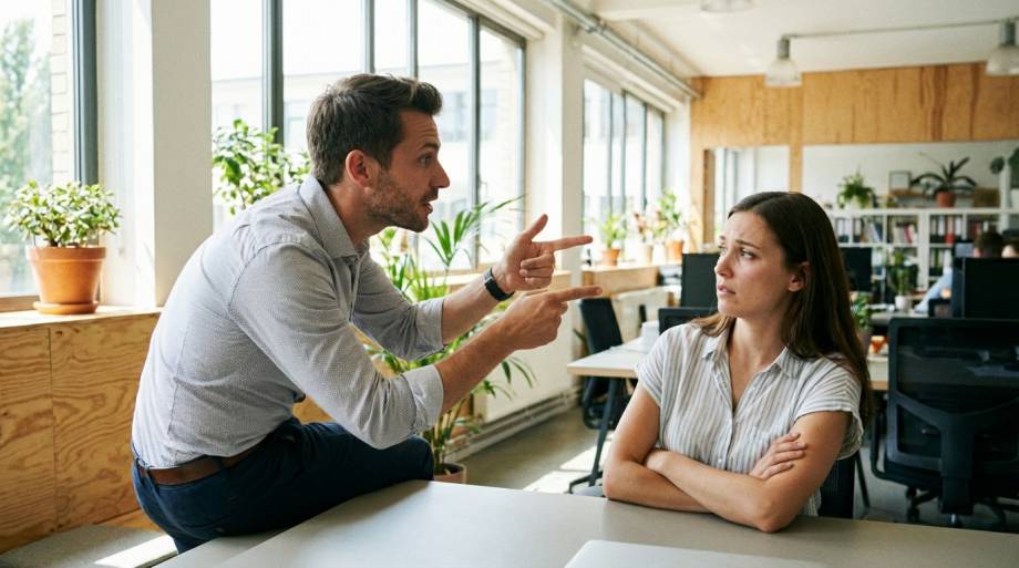 Dwie osoby podczas napiętej rozmowy przy biurku