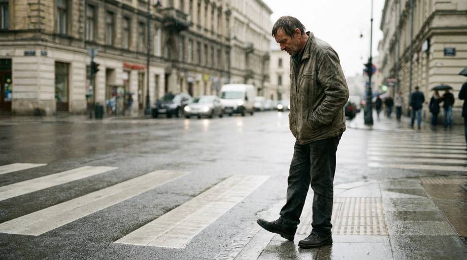 Zamyślony mężczyzna zawahany przed przejściem dla pieszych