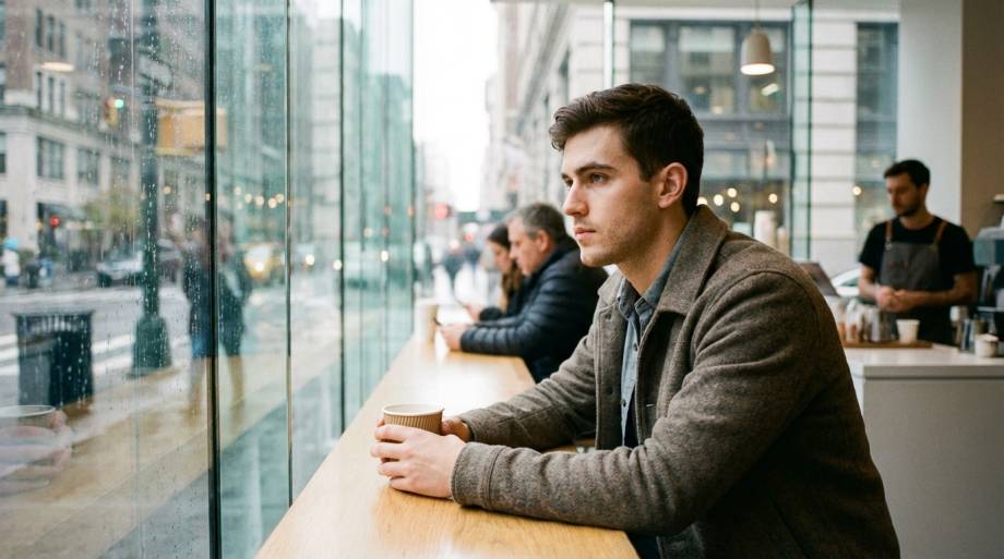 Mężczyzna obserwujący ludzi z kawiarni analizujący typy temperamentu