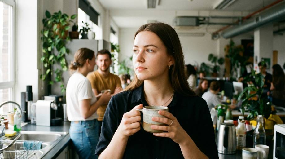 Kobieta obserwująca współpracowników w biurowej kuchni