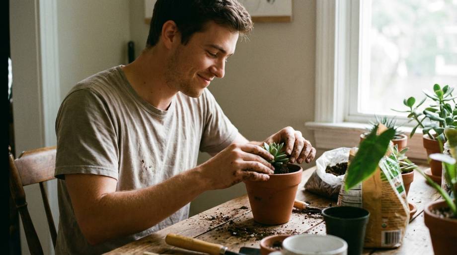 Mężczyzna w skupieniu przesadzający roślinę doniczkową