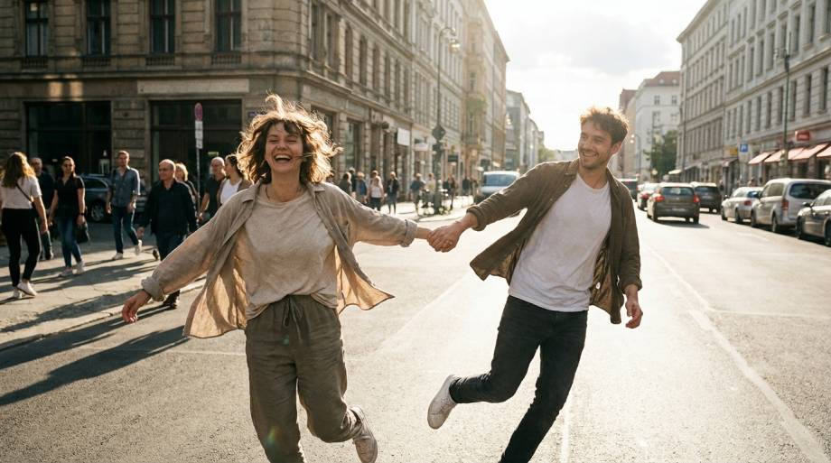 Spontaniczna para trzymająca się za ręce na ulicy