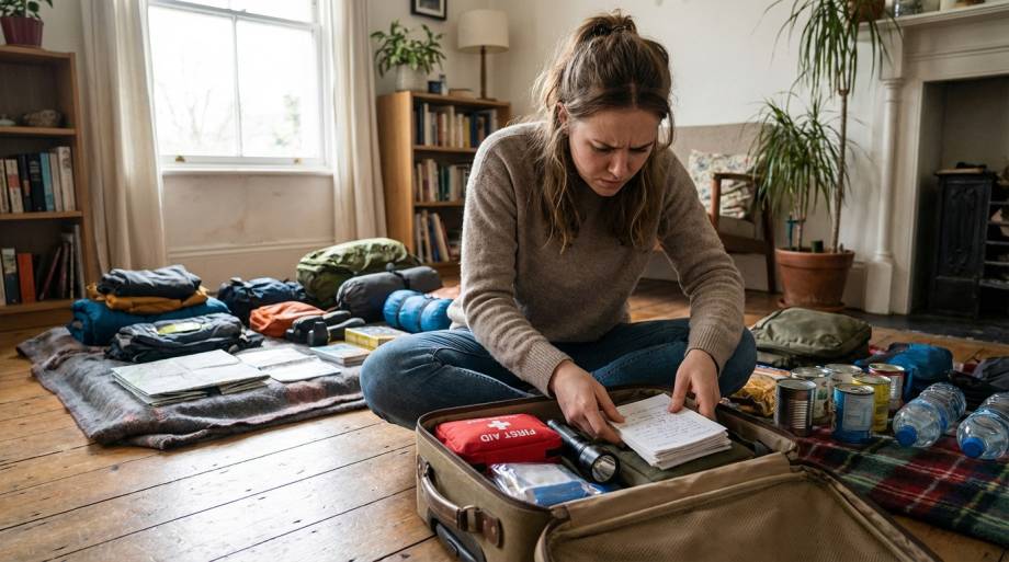 Skupiona kobieta drobiazgowo pakujaca apteczke do otwartej walizki