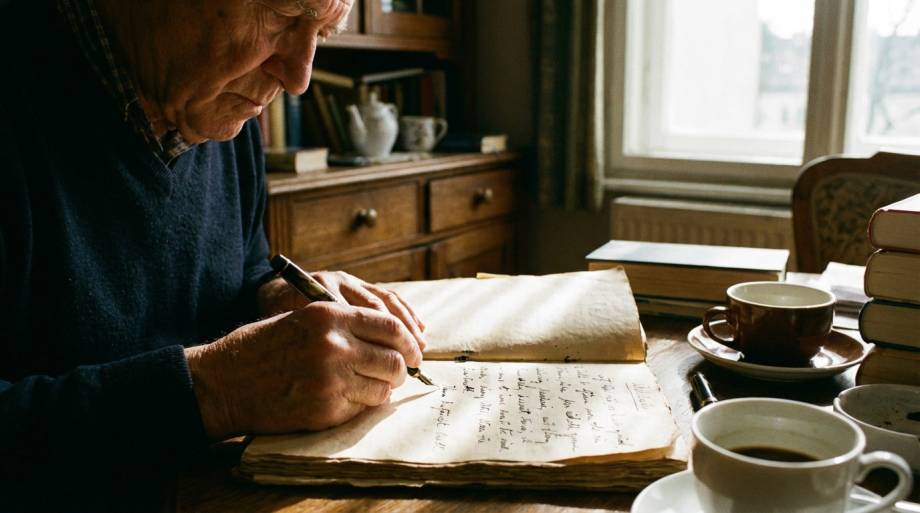 Mężczyzna piszący odręcznie w notesie przy świetle dziennym