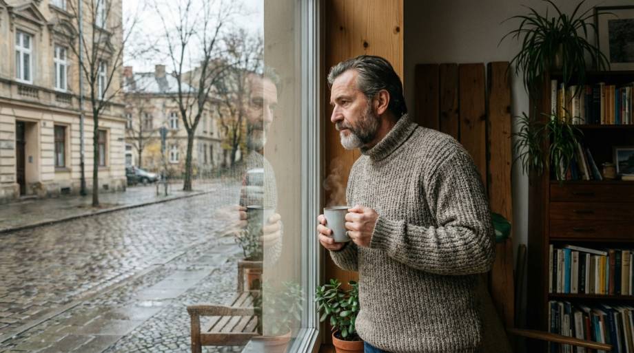 Zamyślony mężczyzna z kawą stojący przy oknie