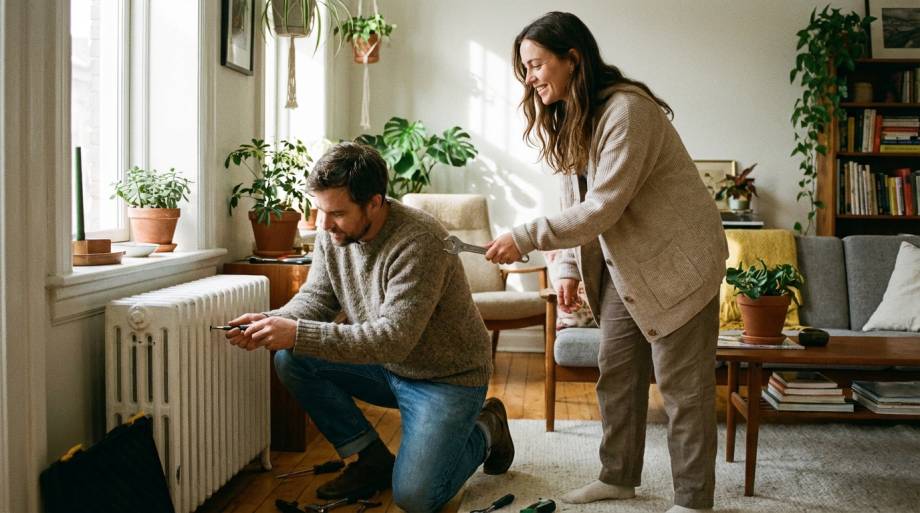 Mężczyzna naprawiający kaloryfer i uśmiechnięta kobieta w salonie