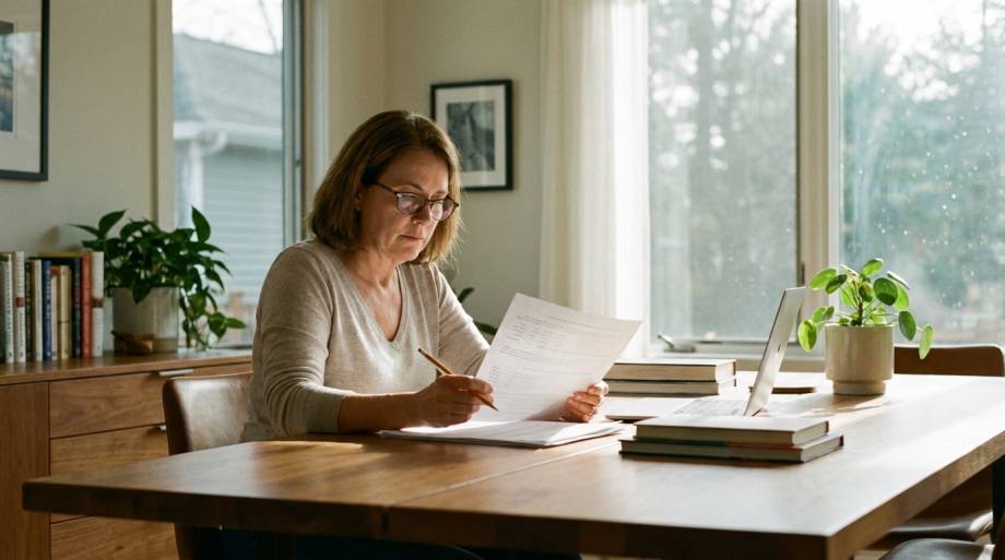 Kobieta analizująca wyniki testów psychologicznych w jasnym gabinecie