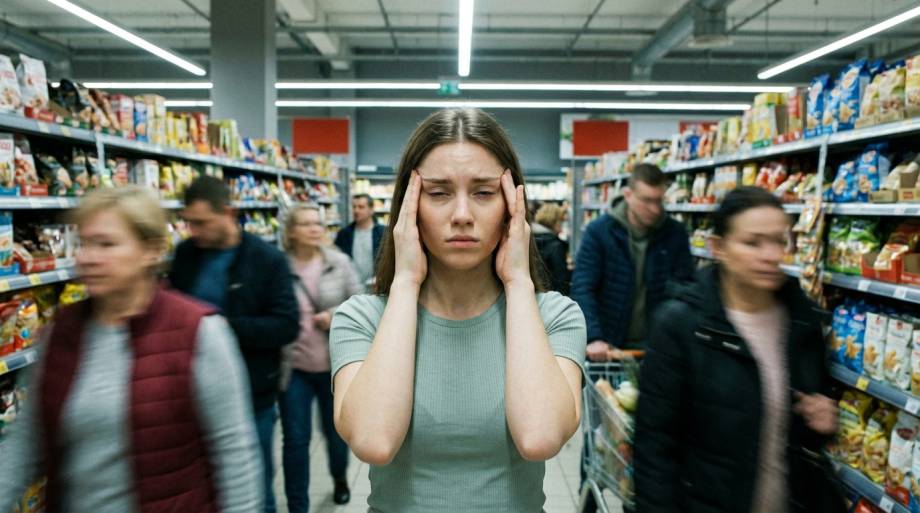 Kobieta przytłoczona nadmiarem bodźców w gwarnym miejscu publicznym