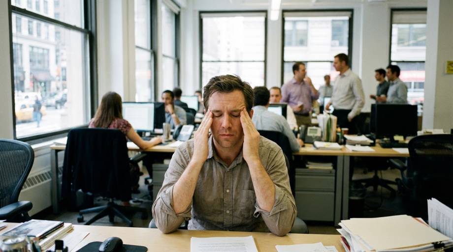 Zmęczony pracownik masujący skronie w głośnym biurze